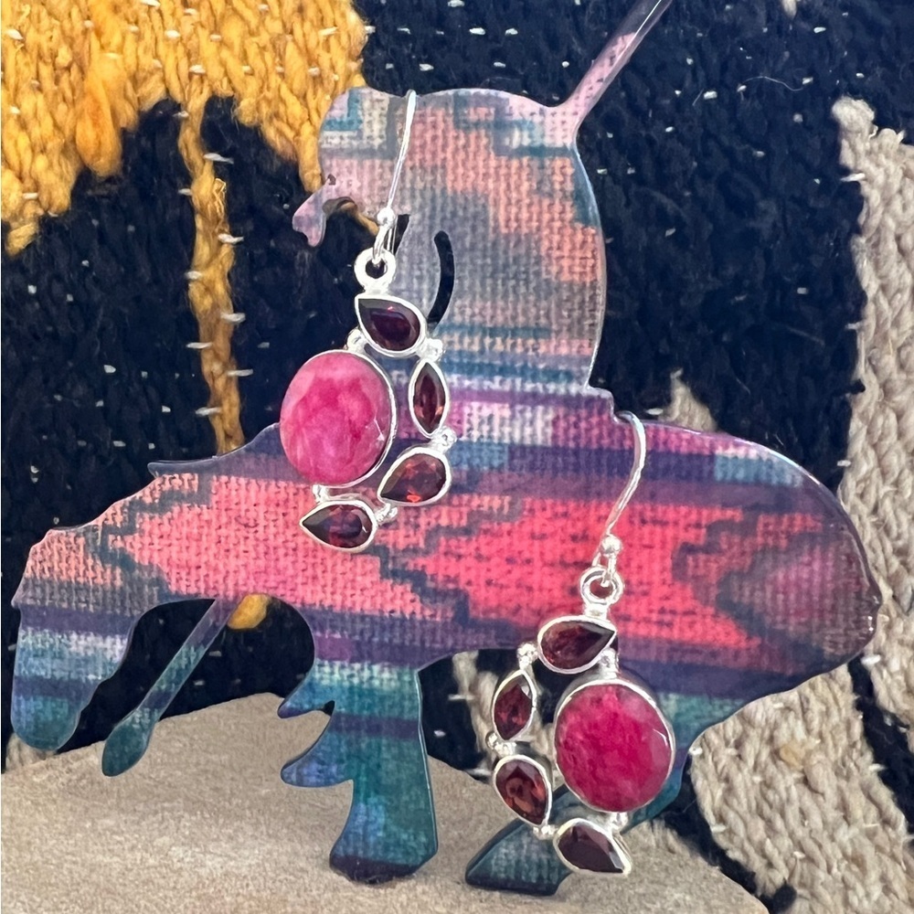 ❤️ Faceted Natural Ruby & Garnet 925 Dangle Boho Statement 1.5”L Earrings 12.2 G - Picture 4 of 13